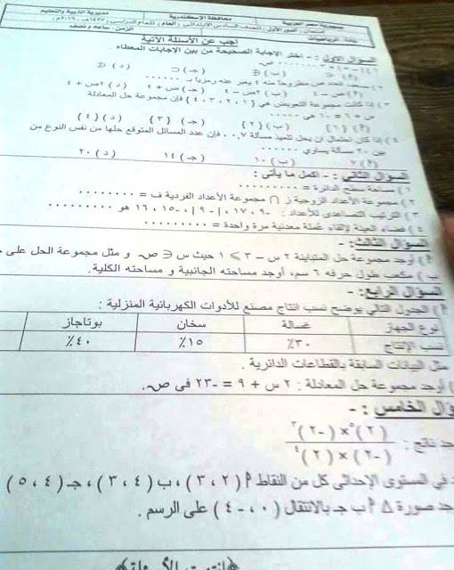 امتحان الرياضيات للسادس الابتدائى الترم الثانى 2016 بالاسكندرية