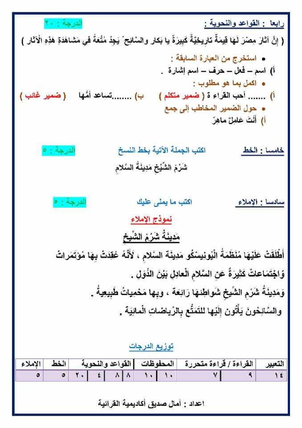 امتحانات لغة عربية تجريبية للصفوف الأولى والعليا