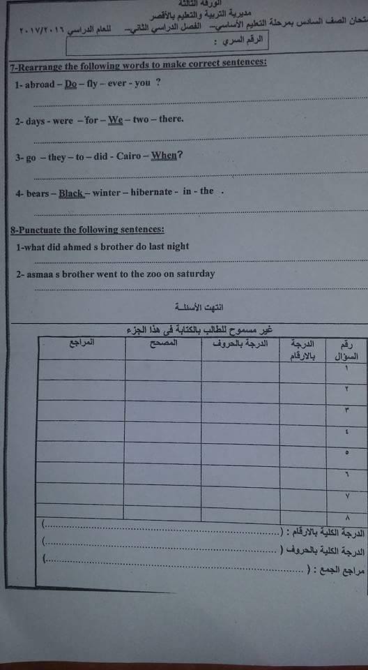 امتحان اللغة الانجليزية للشهادة الابتدائية الترم الثانى 2017 محافظة الاقصر