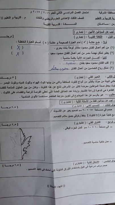 امتحان التربية الفنية للصف الثالث الاعدادى الترم الثانى 2017 محافظة الشرقية