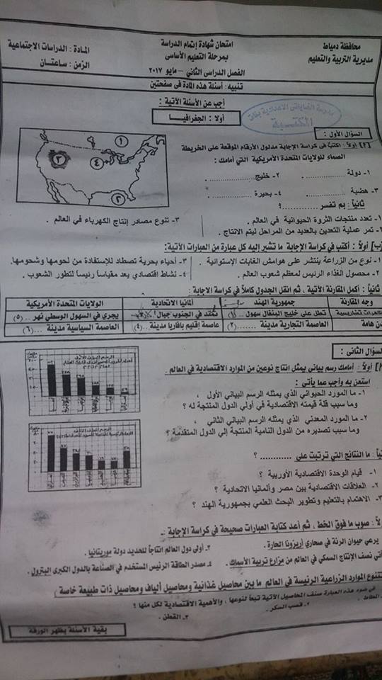 امتحان الدراسات الاجتماعية للصف الثالث الاعدادى الترم الثانى 2017 محافظة دمياط