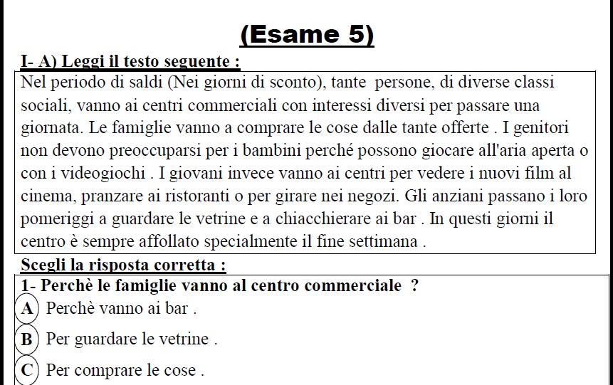 النموذج الاسترشادى الخامس بالاجابة النموذجية فى اللغة الإيطالية بنظام البوكليت للصف الثالث الثانوى