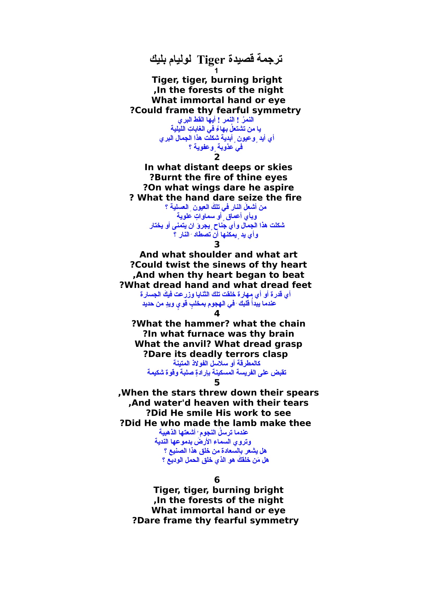 ترجة كاملة لقصيدة The Tiger فى اللغة الانجليزية (المستوى الرفيع) للصف الاول الاعدادى اللغات الترم ال