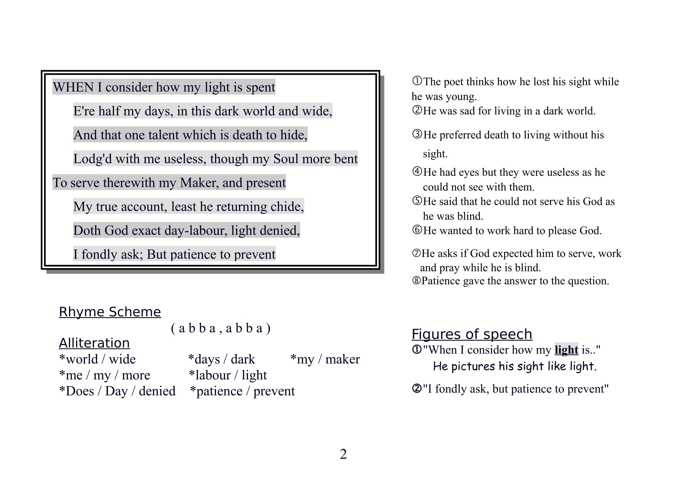 ملزمة س و ج لقصيدة On his blindness فى Poetry اللغة الانجليزية (مستوى رفيع ) للصف الاول الثانوى اللغ