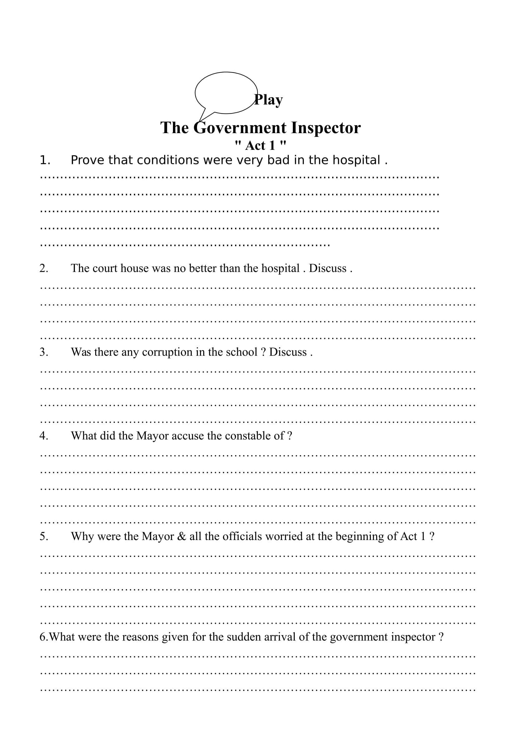 اسئلة على مسرحية government inspector فى اللغة الانجليزية (مستوى رفيع ) للصف الاول الثانوى اللغات