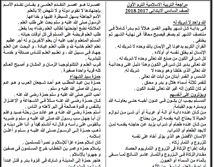 ملزمة مراجعة فى التربية الدينية الاسلامية للصف السادس الابتدائى الترم الاول