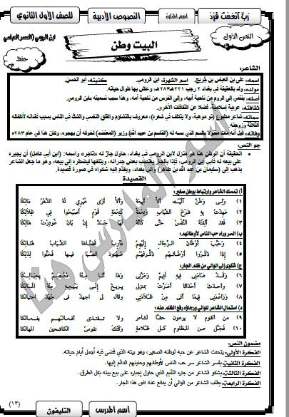 مذكرة شرح نص البيت وطن فى اللغة العربية للصف الاول الثانوى الترم الاول