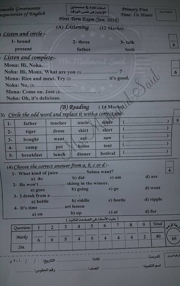 امتحان اللغة الانجليزية بالاجابة للصف الخامس الابتدائى الترم الاول 2018 بمحافظة الاسماعيلية