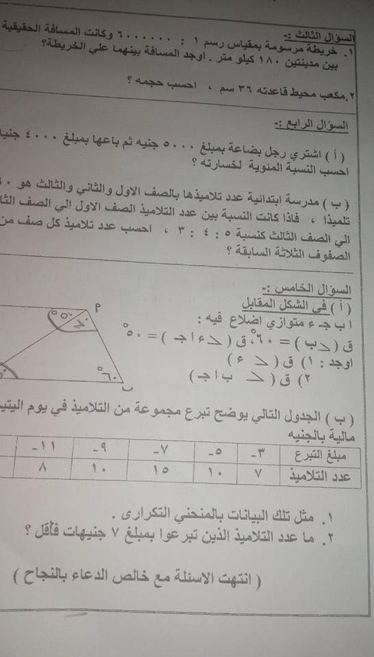 امتحان الرياضيات للصف السادس الابتدائى الترم الاول 2018 ادارة البساتين ودار السلام بالقاهرة