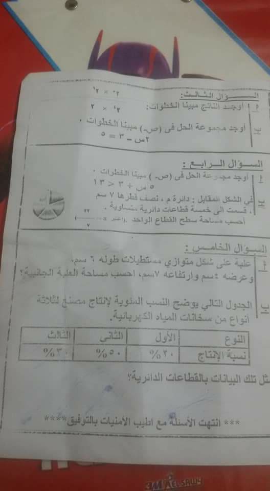 امتحان الرياضيات للشهادة الابتدائية الترم الثانى 2018 ادارة السلام بالقاهرة