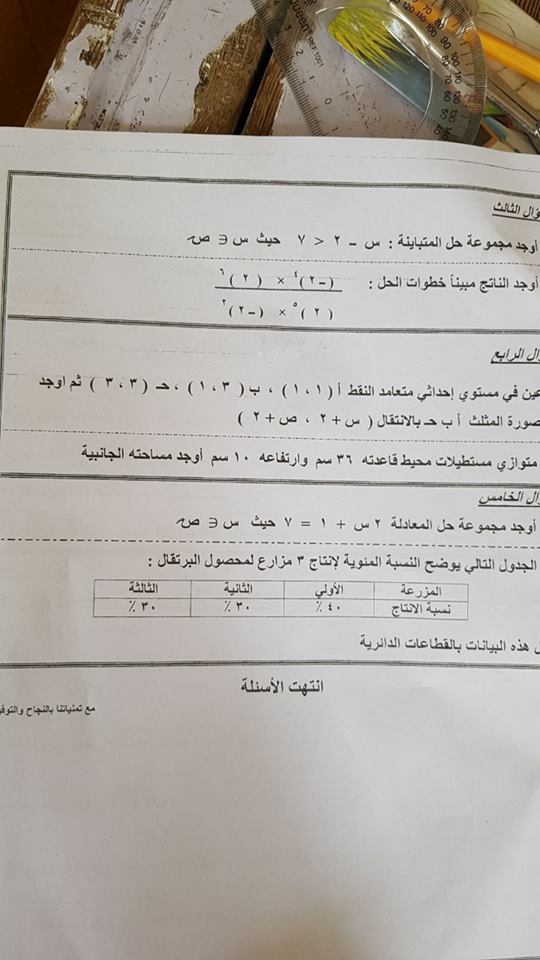 امتحان الرياضيات للصف السادس الابتدائى الترم الثانى 2018 ادارة شمال بالاسماعيلية