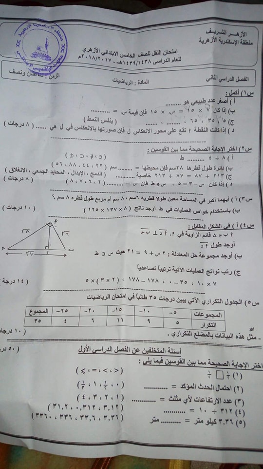 امتحان الرياضيات للصف الخامس الابتدائي الازهرى الترم الثانى 2018 بالاسكندرية