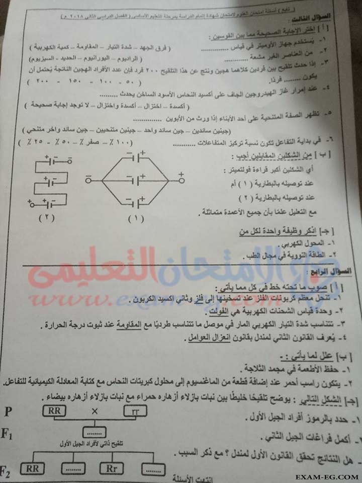 امتحان العلوم للصف الثالث الاعدادى الترم الثانى 2018 محافظة الاسماعيلية