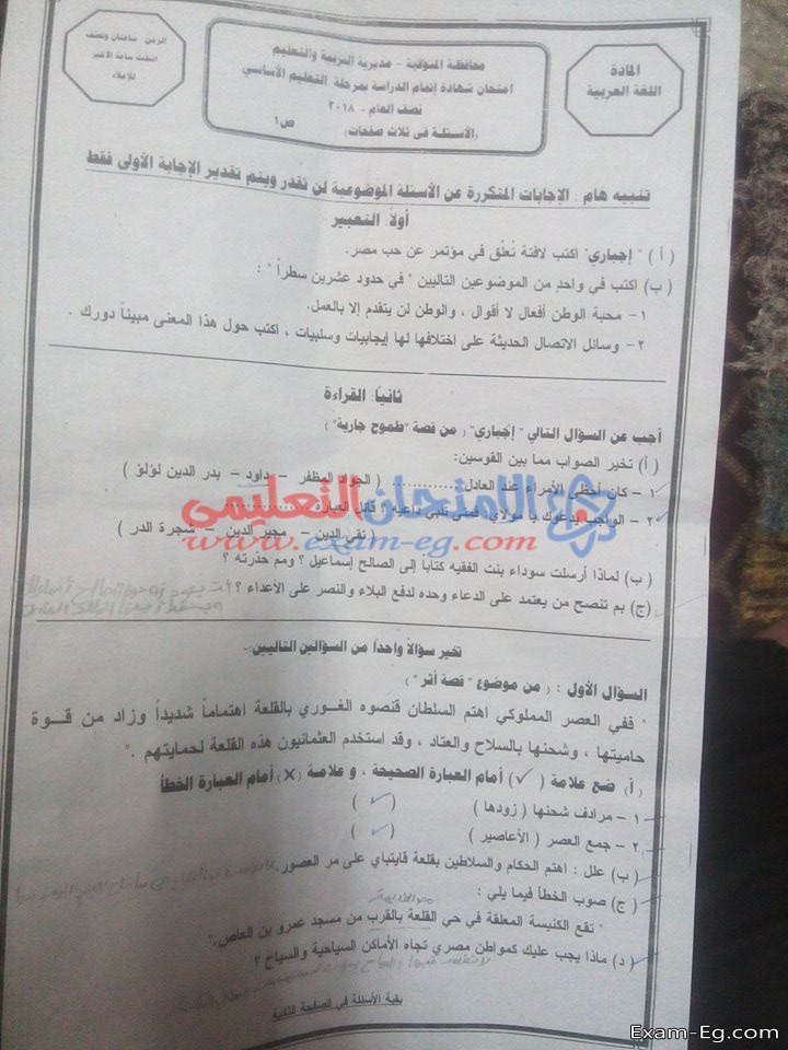 امتحان اللغة العربية للشهادة الاعدادية نصف العام 2018 بمحافظة المنوفية