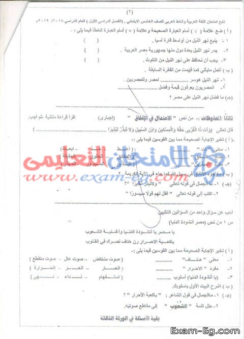 امتحان اللغة العربية للصف الخامس الابتدائى الترم الاول 2019 ادارة القوصية باسيوط
