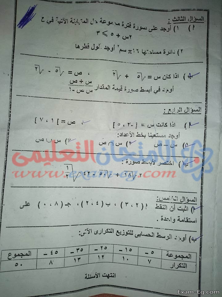 امتحان الجبر للصف الثانى الاعدادى الترم الاول 2019 محافظة دمياط