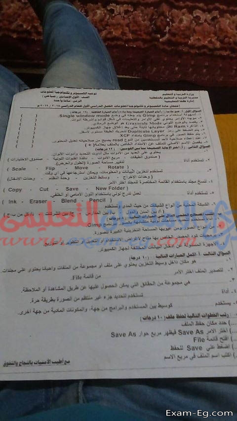 امتحان الحاسب الالى للصف الاول الاعدادى الترم الاول 2019 محافظة الدقهلية