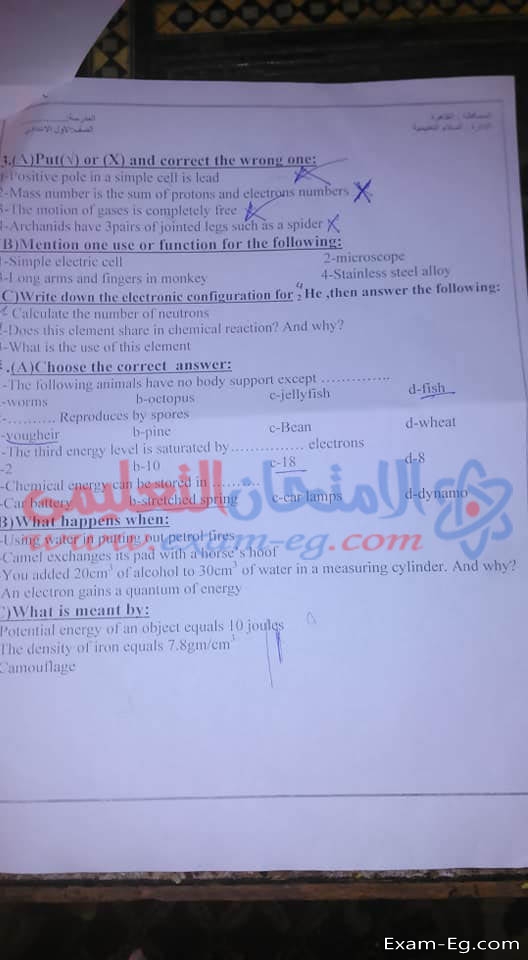 امتحان العلوم للصف الاول الاعدادى الترم الاول 2019 ادارة القاهرة الجديدة
