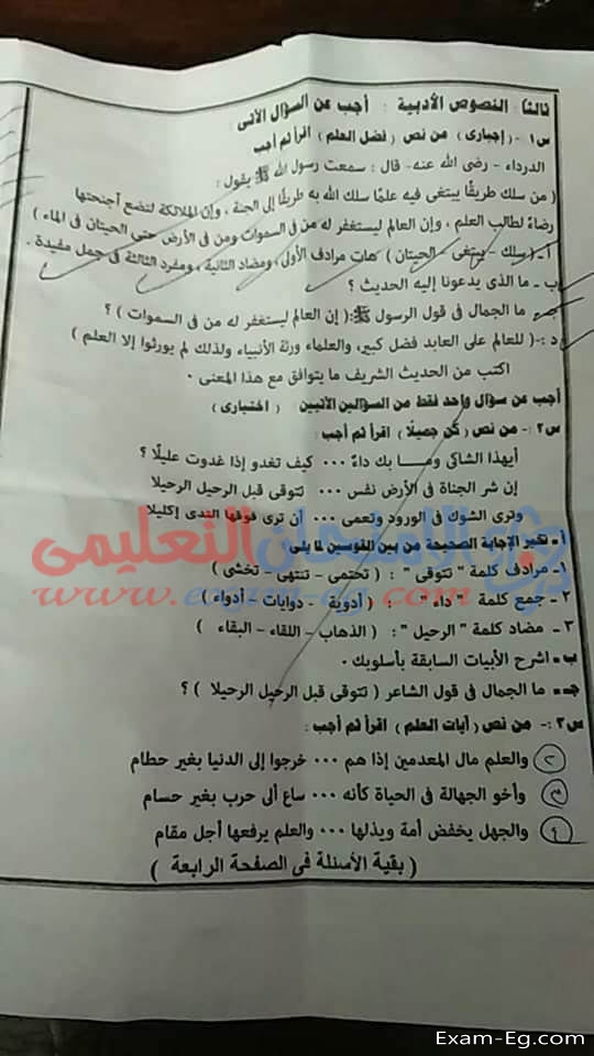 امتحان اللغة العربية للشهادة الاعدادية الترم الاول 2019 محافظة القاهرة