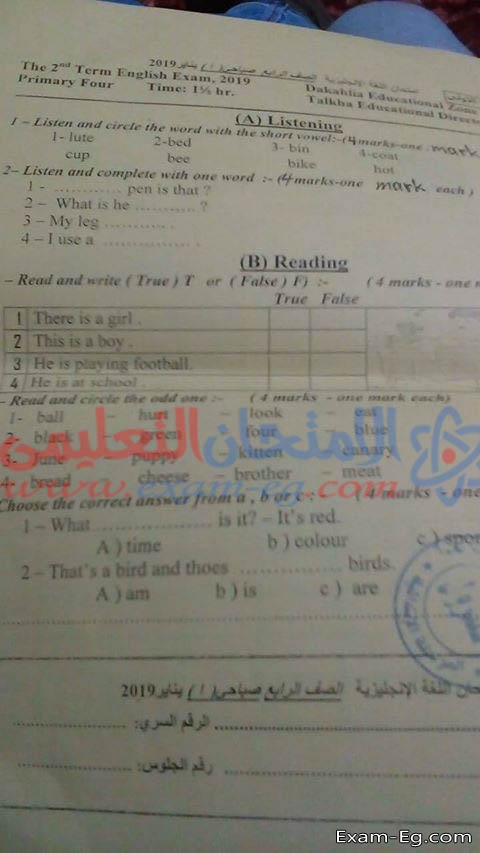 امتحان اللغة الانجليزية للصف الرابع الابتدائى الترم الاول 2019 محافظة الدقهلية