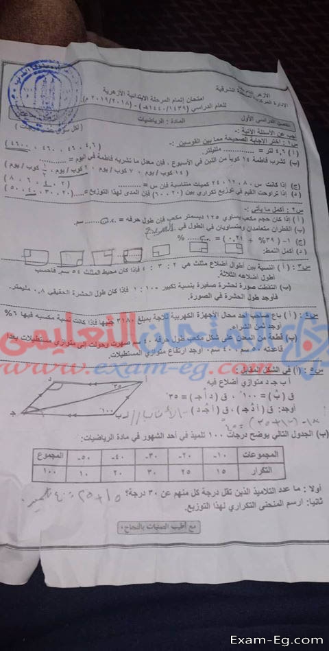 امتحان الرياضيات للصف السادس الابتدائي الازهرى الترم الاول 2019 محافظة الشرقية