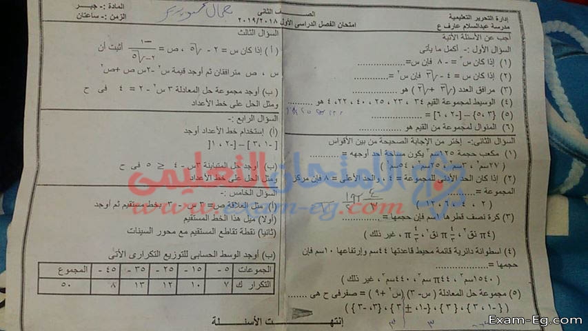 امتحان الجبر لتانية اعدادى دور يناير 2019 ادارة التحرير بالبحيرة