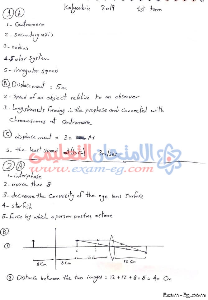 اجابة امتحان Science ساينس علوم انجليزى ثالثة اعدادى ترم اول 2019 القليوبية