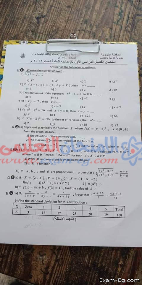 امتحان Algebra الجبر لغات للصف الثالث الاعدادى 2019 الترم الاول بالقاهرة