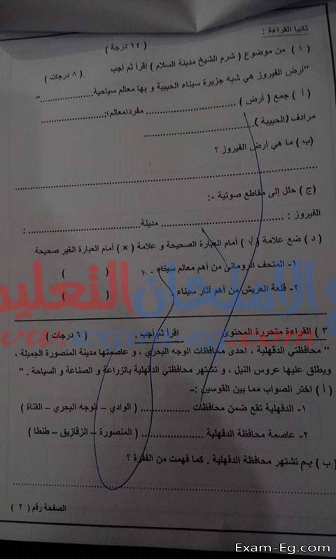امتحان العربى لرابعة ابتدائى الترم الاول 2019 محافظة الدقهلية