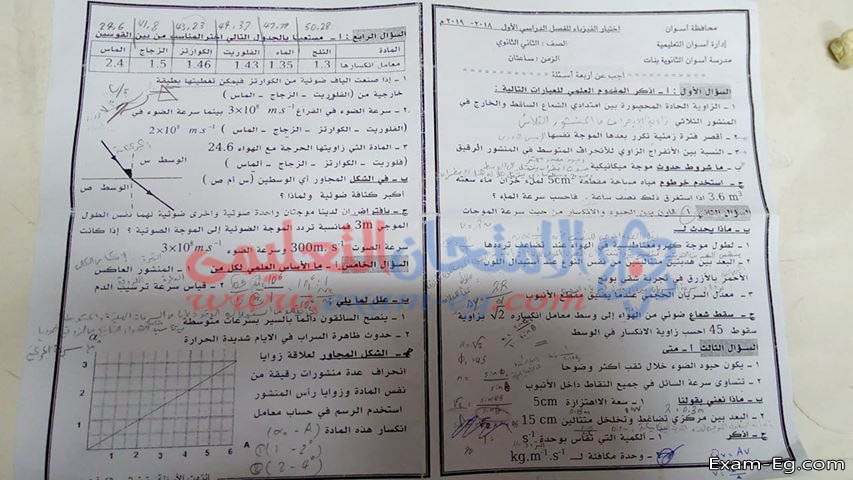 امتحان الفيزياء لتانية ثانوى نصف العام 2019 محافظة اسوان