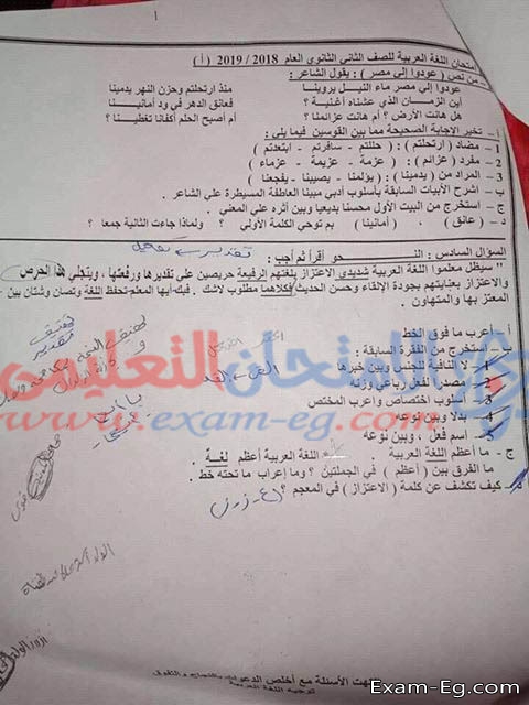 امتحان اللغة العربية لتانية ثانوى الترم الثانى 2019 ادارة العجمى