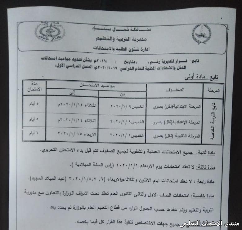 مواعيد امتحانات شمال سيناء 2020