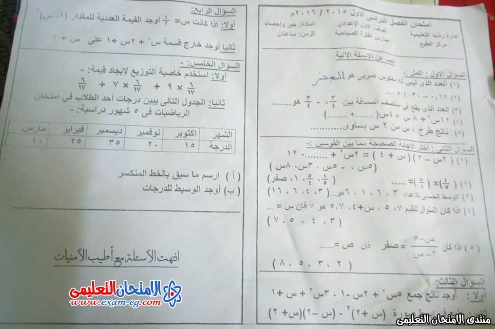 امتحان الجبر محافظة دمياط