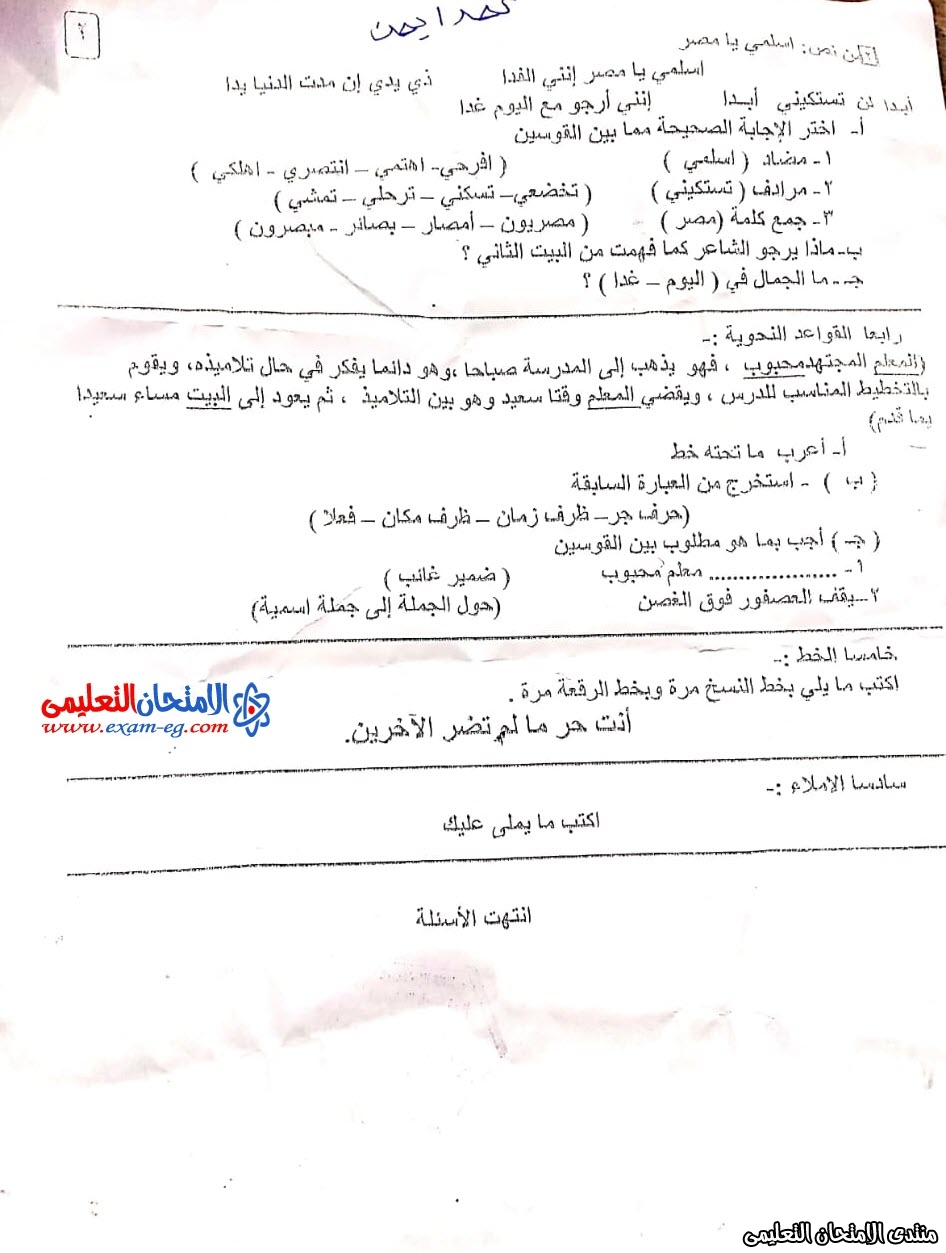 امتحان لغة عربية 4 ابتدائى الترم الاول شرق بالاسكندرية 2