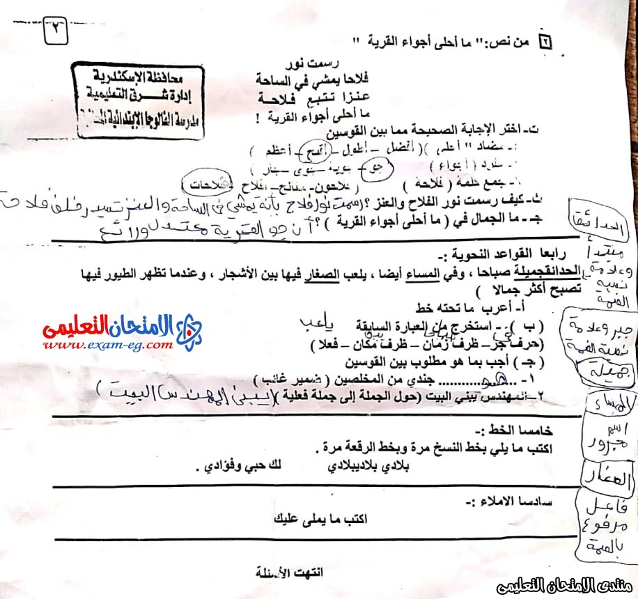 امتحان لغة عربية 4 ابتدائى الترم الاول الاسكندرية شرق 2